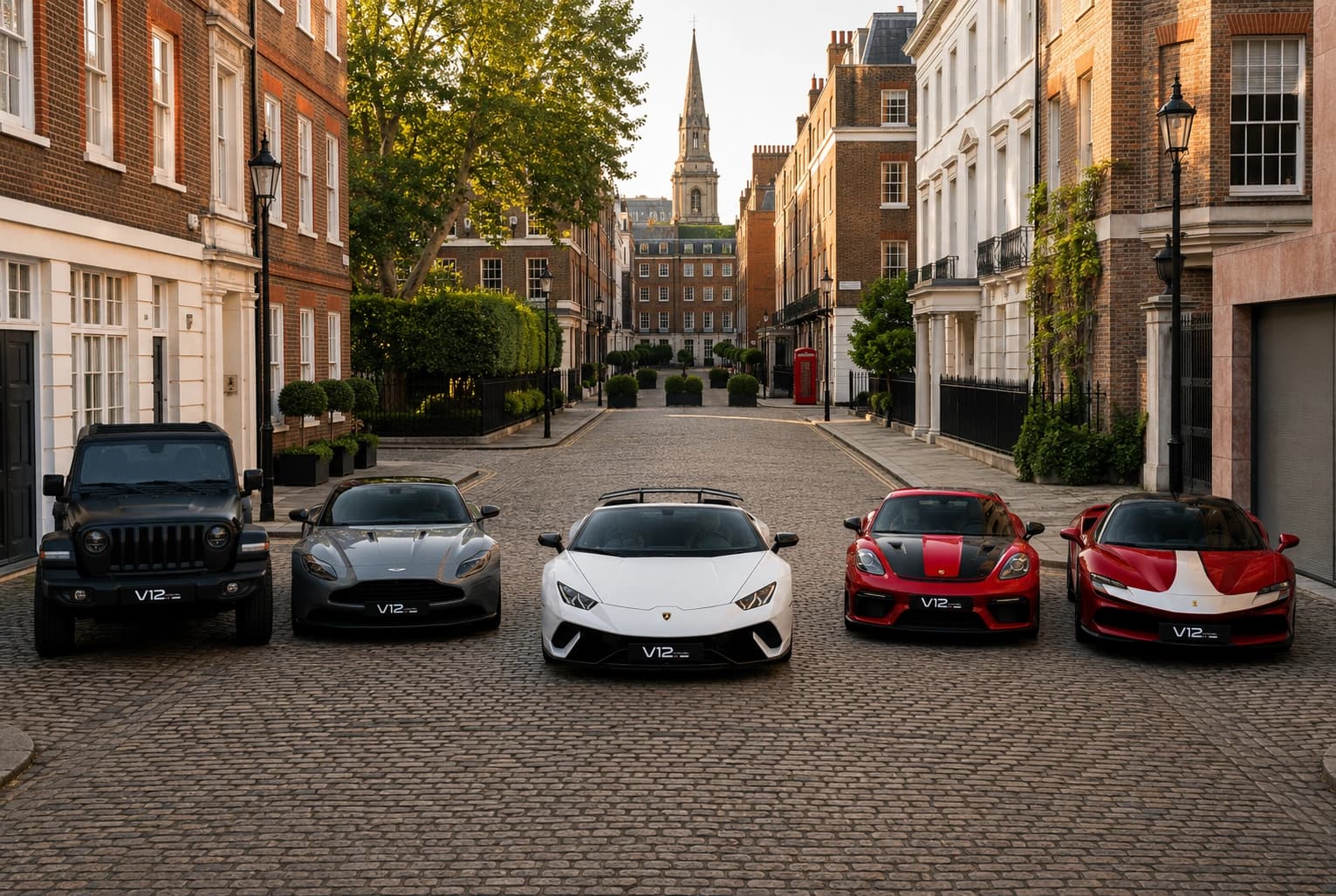 A line-up of supercars on a cobbled London mews street at dusk