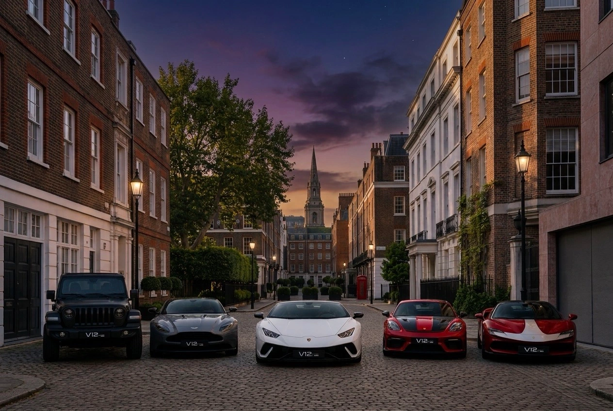 A line-up of supercars on a cobbled London mews street at dusk