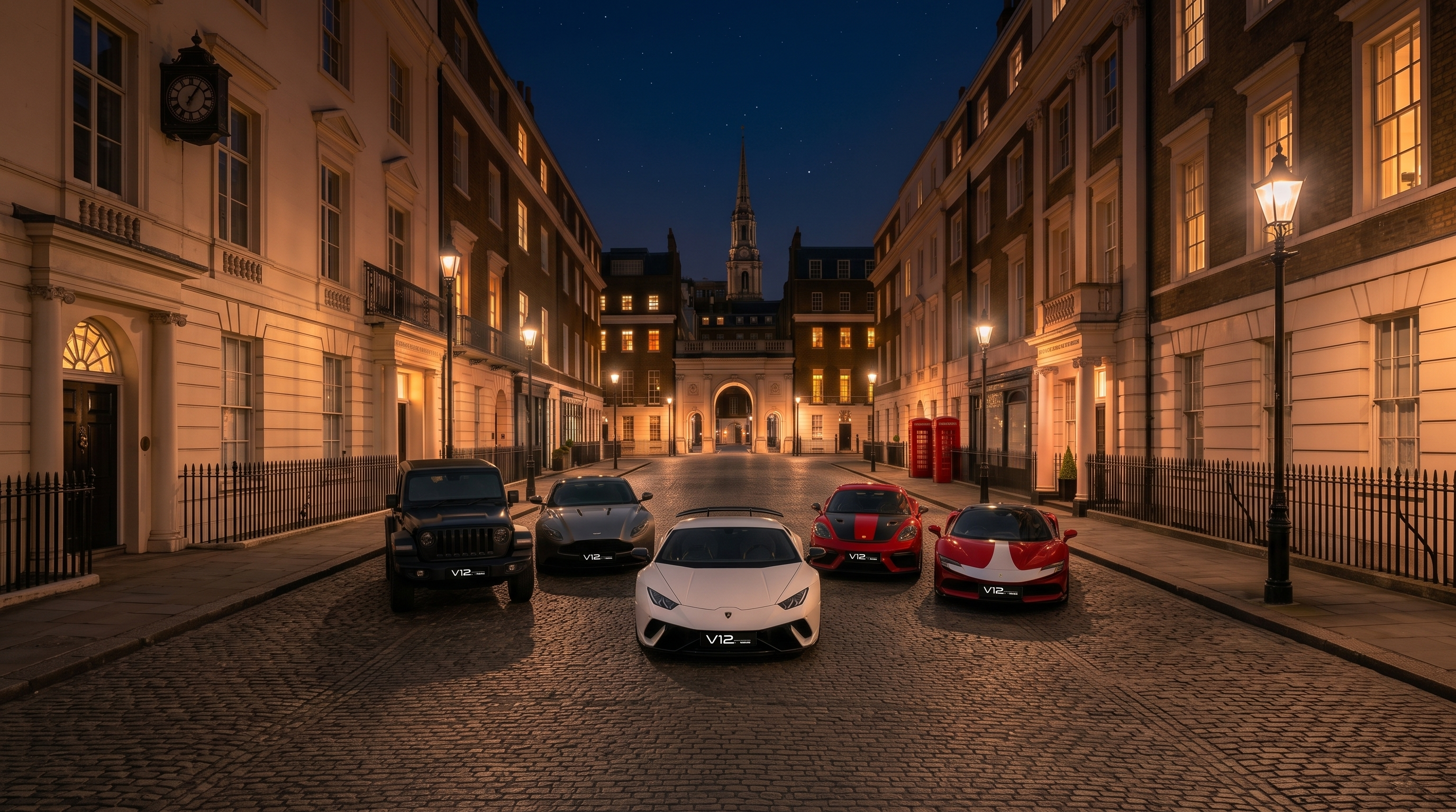 A line-up of supercars on a cobbled London mews street at dusk